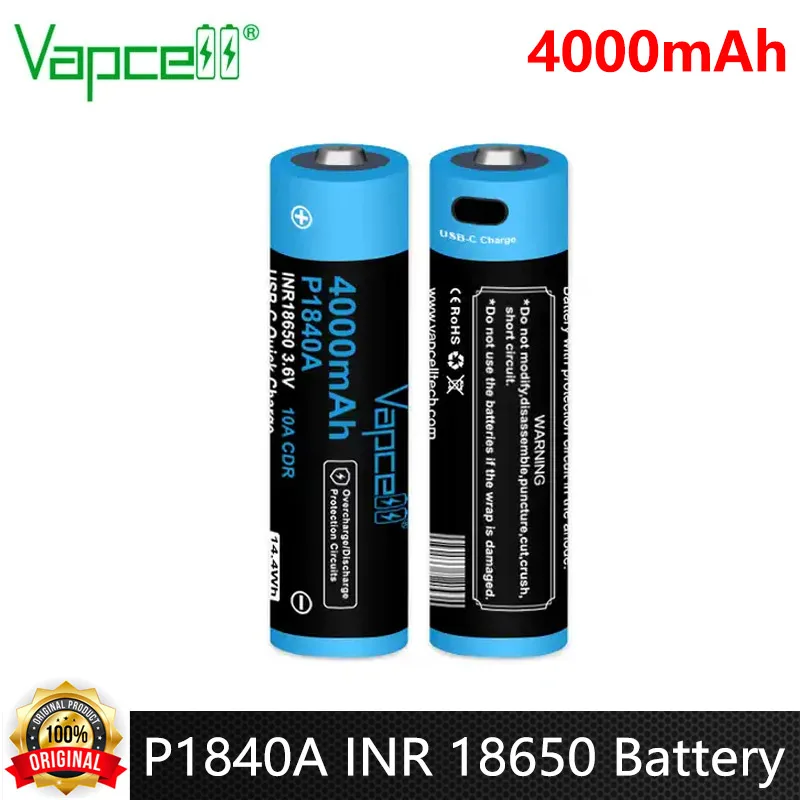 Original Vapcell P1840A INR 18650 USB Battery 4000mAh High-capacity CDR 10A 3.6V USB-C USB-C Lithium Ion Battery For Flashlight