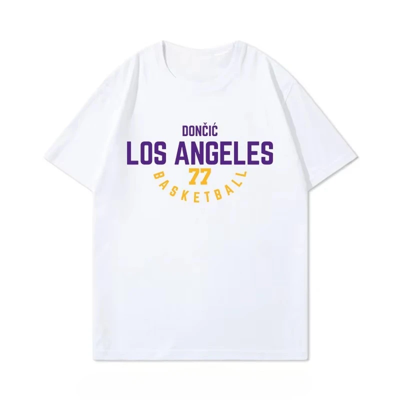 Nuevo traje de tiro Lakers Donic de verano, camiseta de calle estampada de entrenamiento 77, camiseta de baloncesto Retro versátil de manga corta, deportes