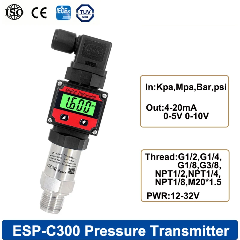 

Pressure Transducer LCD Output 0-5/10V4-20mA Range -1-0-1000bar Water Tank Oil Gas Sensor M20*1.5 Connector Pressure Transmitter