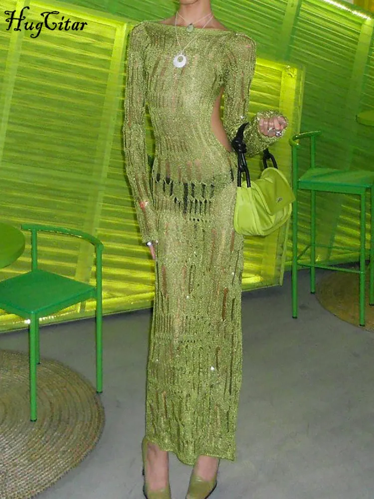 Hugcitar 2025 Dzianinowa sukienka z długim rękawem i wycięciem na plecach Sexy See Through Maxi Dress Wiosna Lato Kobiety Y2K Odzież Streetwear Party
