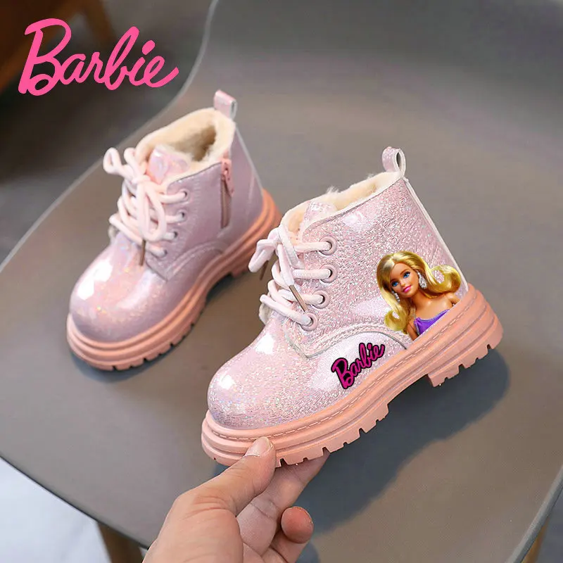 Girls Barbie Boots Winter Girls Plus Plush Barbie Snow Boots Children Cartoon Print Kids Warm Non-slip Flat Bottom Shoes