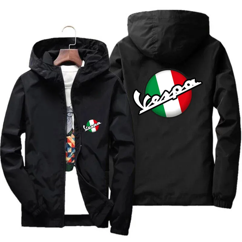 2024 Fashion Trend Mens Vespa Italy Flag Motorcycle Sportswear Hooded Bomber Zipper Thin Windbreaker Cycling Coat Jacket Plus