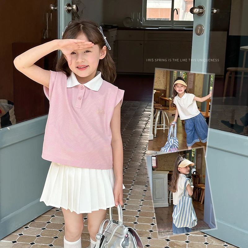

Girl Vest Top Girl Korean Style Design Small Flying Sleeve Shirt Children Fashion Casual Color Matching T-shirt 2024 Summer