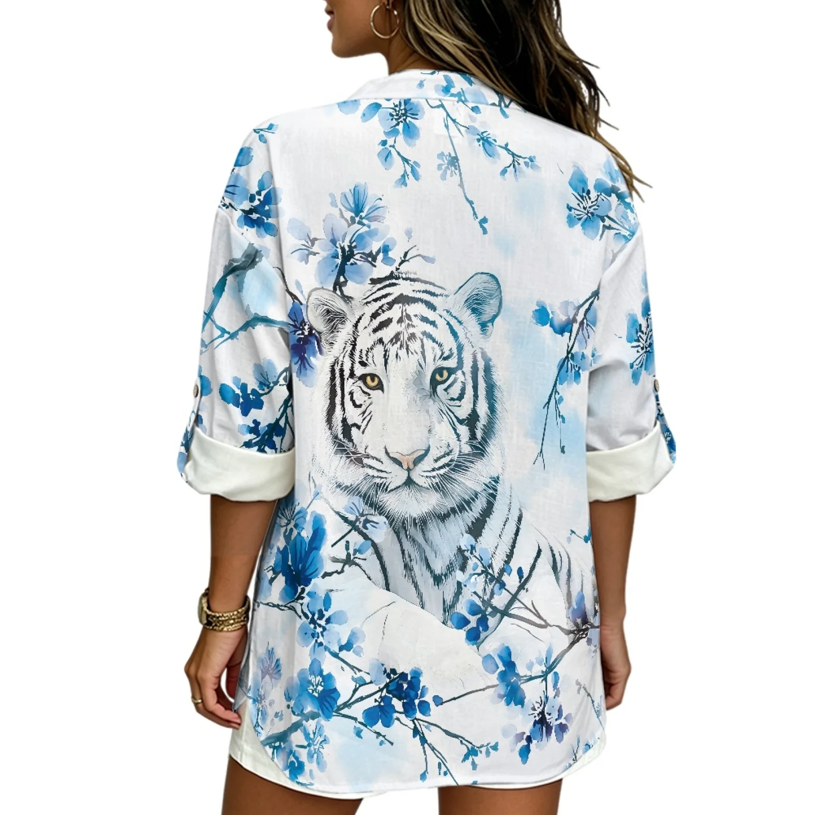 PENSTROLL Blue Floral Tiger Linen Style Women's Blouse Casual Long Sleeve Shirt for Daily Wear Sizes S-5XL