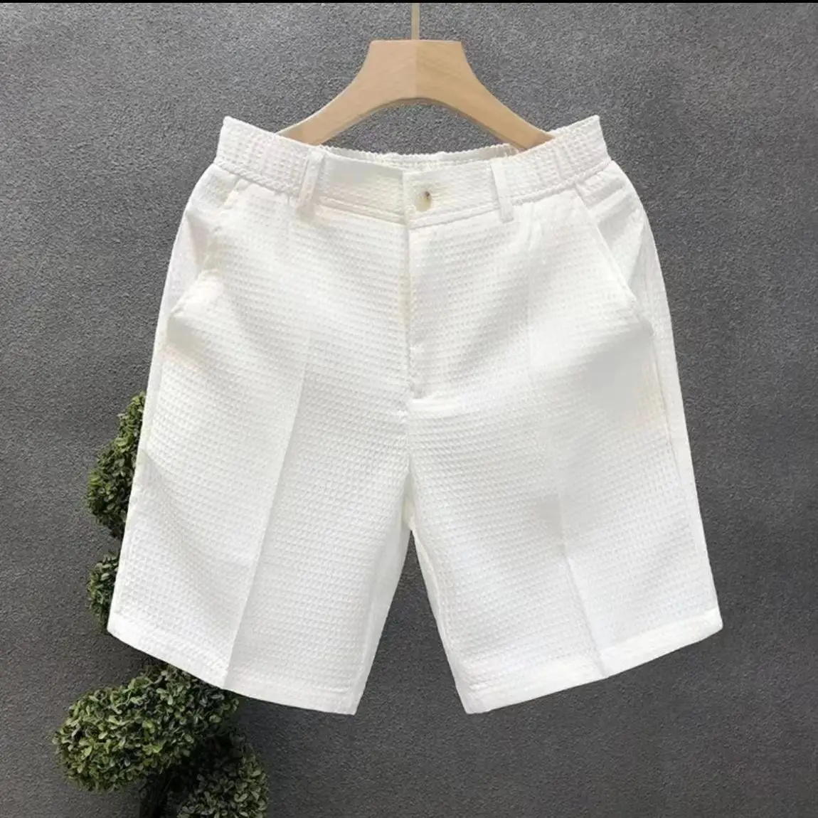 Herren-Shorts mit Karomuster, einfarbig, gerade geschnitten, Business- und Freizeithose, elastischer Bund, Knopfverschluss, locker geschnitten, knielang, lässige Kurzhose – Detail 10