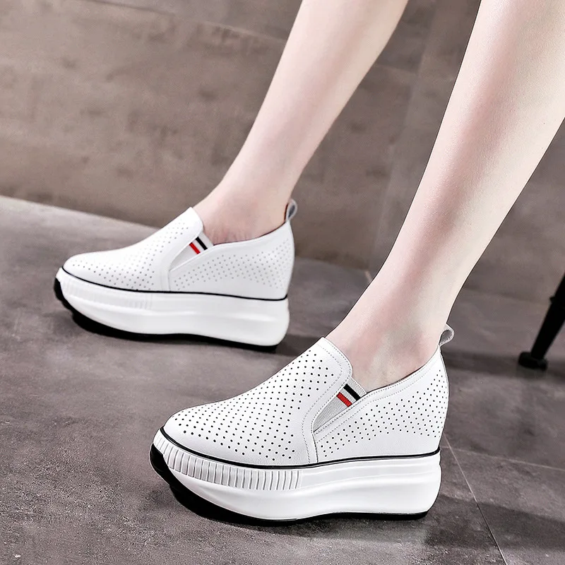 

Perforated Hidden Wedge Platform Loafers For Women With Stripe Detail Slip On Round Toe Non Slip Thick Sole Breathable Casual Su