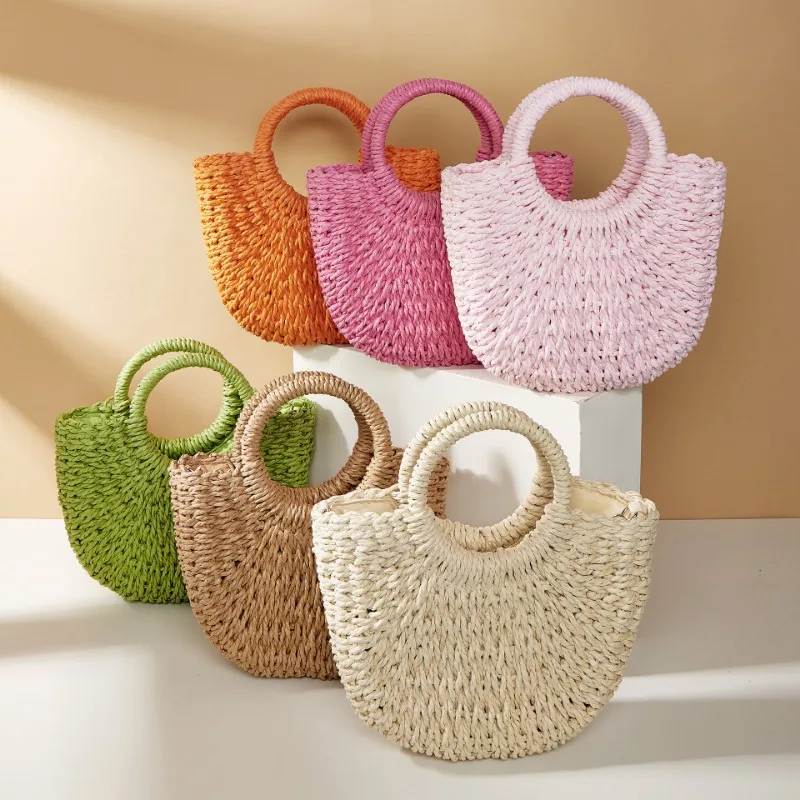 Handwoven Straw Rattan Half-Moon Beach Handbag Large Capacity Women Hollow Out Crossbody Shoulder Bag Half-Round Shoulder Bag