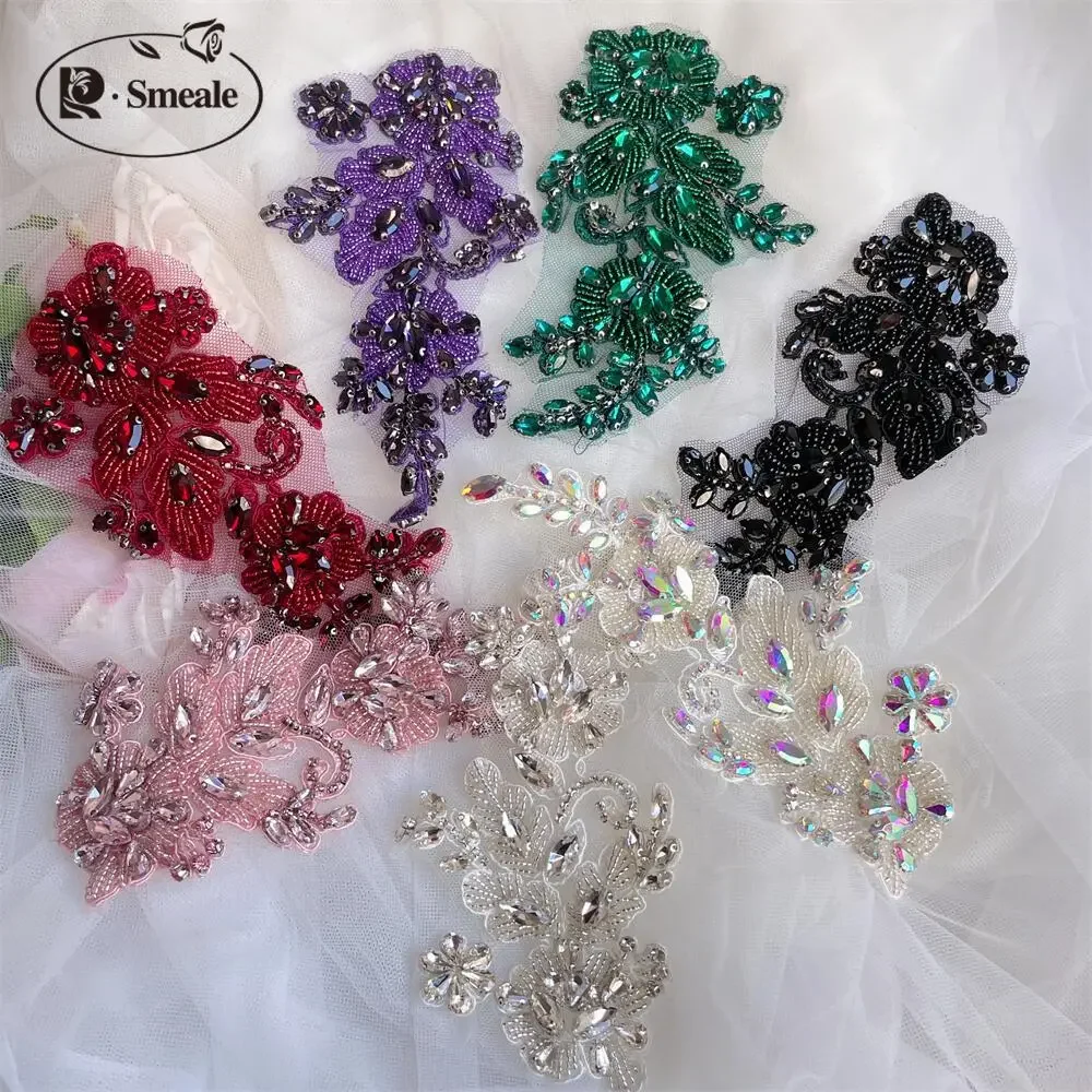 1Pair Handsewn Glass Drill Mirror Flowers Sparkling Rhinestone Flowers Coats Waistbands Shoulders Wedding Dress DIY Patch RS4898