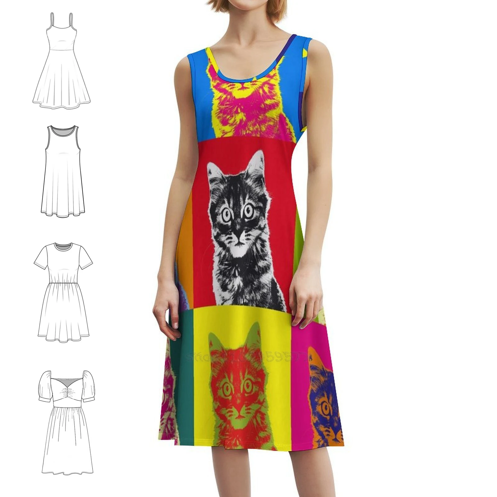 Colourful Cat Vintage Bohemian Dress Puff Sleeve Or Sleeveless Options For Women Dress Cat Tabby Kitten Cats Pets Portraits