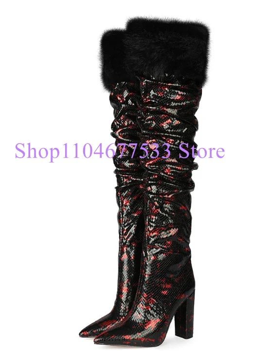 

Сексуальный меховой декор, женские сапоги выше колена на массивном каблуке, модные женские сапоги с острым носком, длинные сапоги для сцены, большие размеры, обувь для банкетной вечеринки