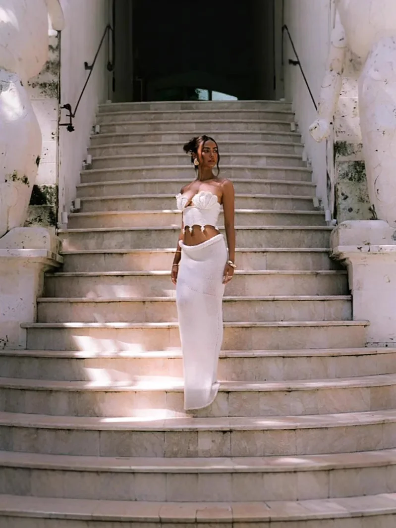 Zeyla Set da donna estivo 2025 con top in rilievo fatto a mano e maxi abito all'uncinetto Boho Chic Abito con gonna a corsetto artigianale Vacanza al mare