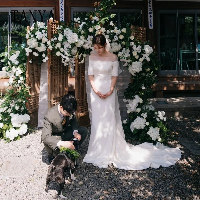 TANYA elegante vestido de novia de manga corta con cuello barco, vestido de novia sencillo de satén suave hasta el suelo, vestidos de novia de cola de barrido G4231
