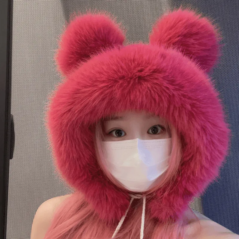 

Women Faux Fur Plush Earflap Hat Lei Feng Hat Cute Ears Cold-Proof Cycling Hat Thickened Japanese Bomber Hat FashionCosplay Cap
