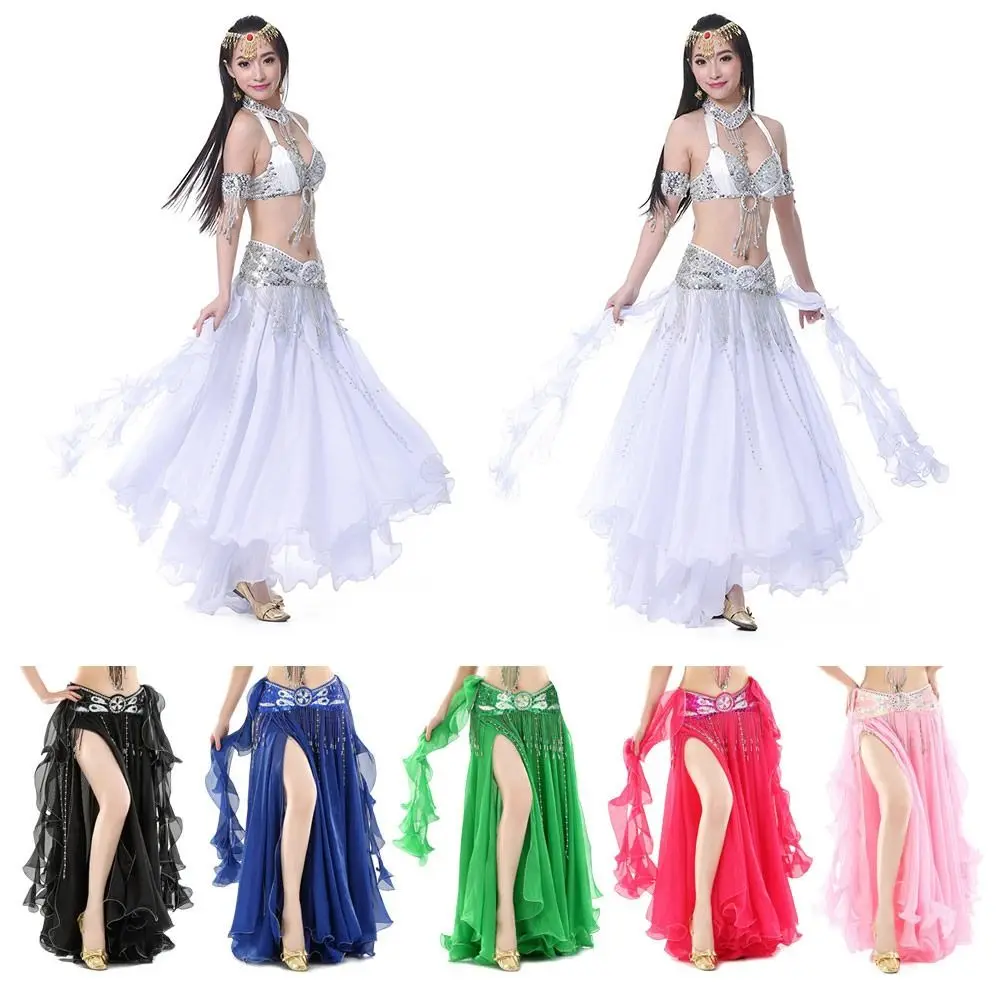 Belly Dancing Skirt Women Chiffon Spanish Skirt Shiny Sequins Tassels Dancing Skirt Show Costumes