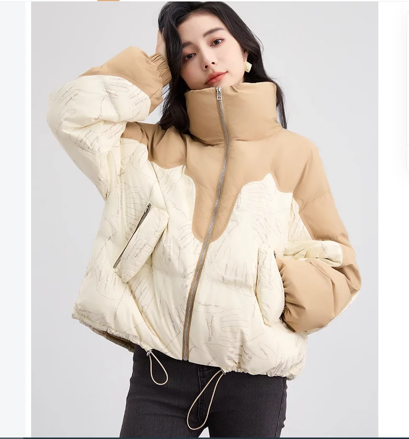 

Winter short down jacket with women's printed patchwork loose standing collar jacket