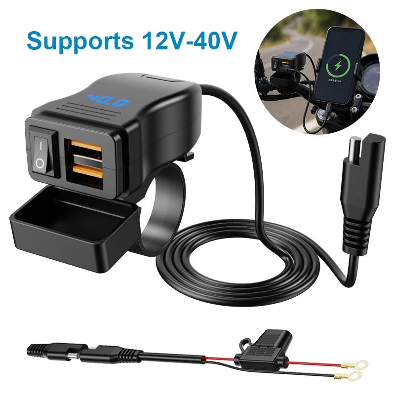 Dual QC3.0 Motorcycle USB Fast Charger Supports 12V-40V Power Supply Adapter Socket Connector with Switch LED Voltmeter Display