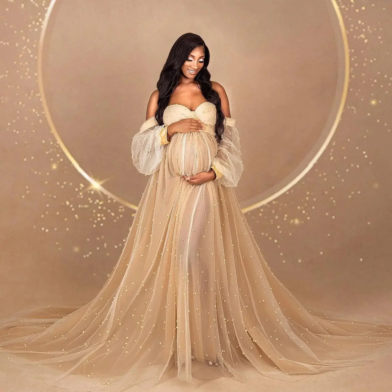 

Champagne Pearls Maternity Dress for Baby Shower Women Photo Shoot Vestiti Sposa Pregnant Prengancy Gowns for Fotos