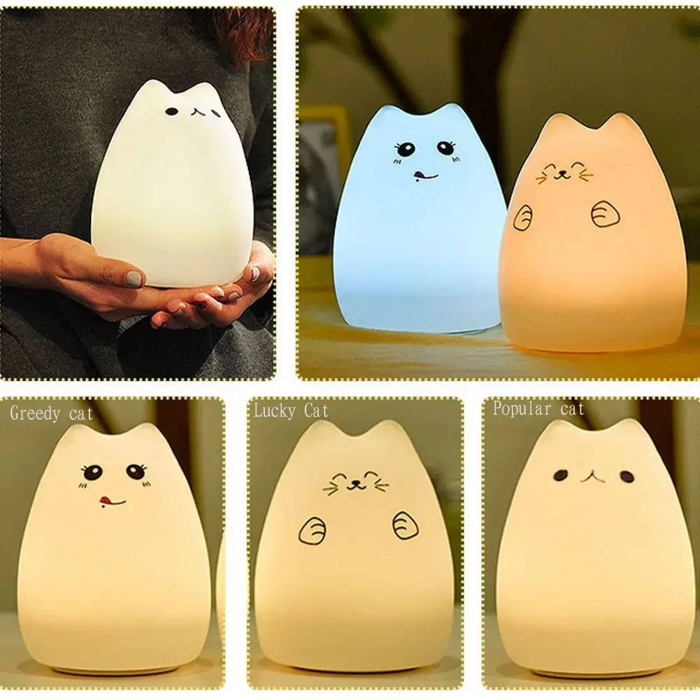 Multi-Color LED Animal Night Light Cute Cat Little Devil Silicone USB Rechargeable Lamp Children