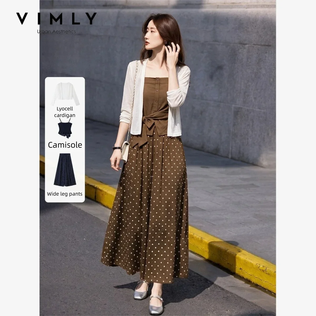 VIMLY Coffee Polka Dot Three-piece Set Women 2026 Long Sleeve Cardigan Camisole Wide-leg Pants Commuter Matching Outfit 31798