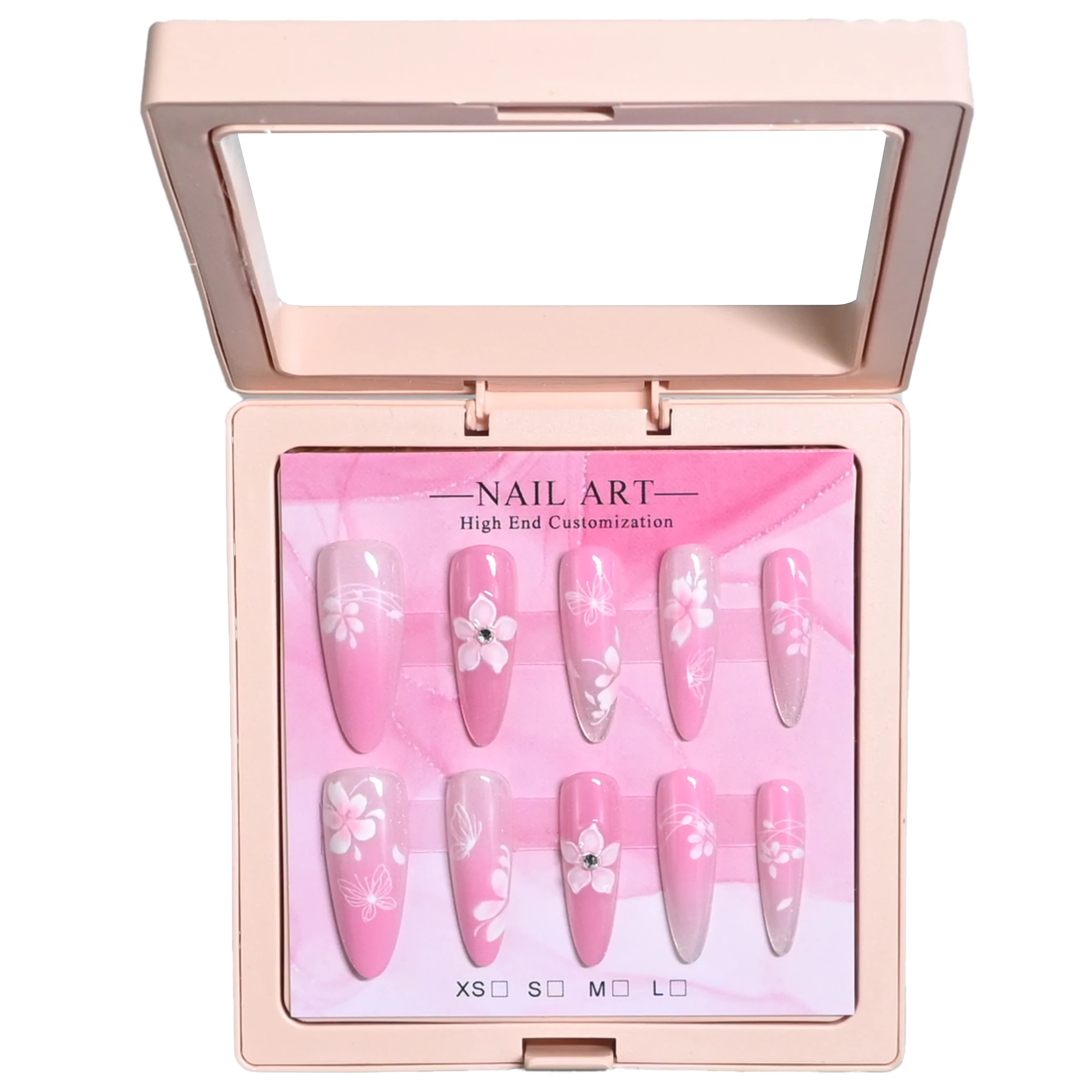10 handmade almond nails in pink case. Gradient peach base with glitter tips, hand-drawn white cherry blossoms & rhinestones. Re