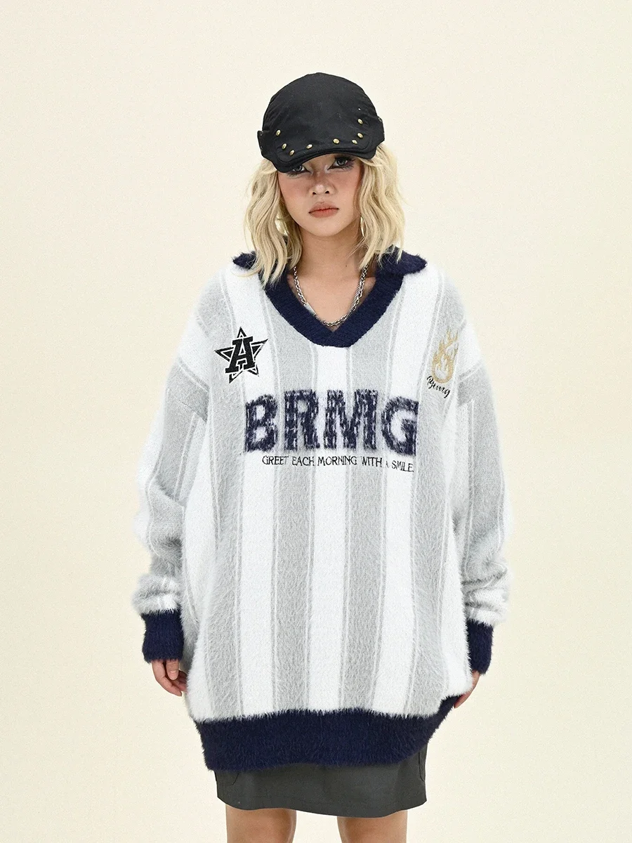 Soft Waxy Striped Sweaters Women's 2024 Winter New Loose Bf American Trendy Brand Knitted Top