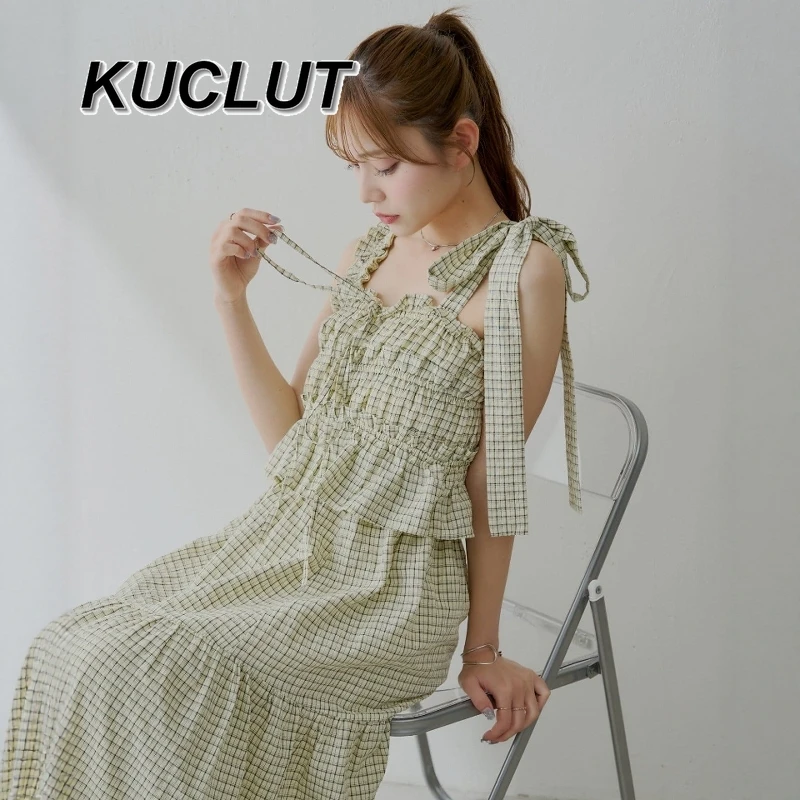 

2025 New Summer Elegant Suits Japanese Style Plaid Halter Neck Ribbon Top + Layered Skirt Set Fashion Women's Two-Piece Sets