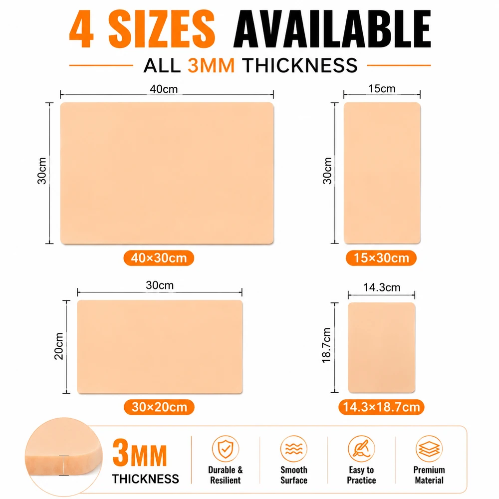 3MM Tattoo Practice Skin Double Sides Fake Skin 4 Sizes Silicone Tattoo Training Skin for Permanent Makeup Beginners Artists