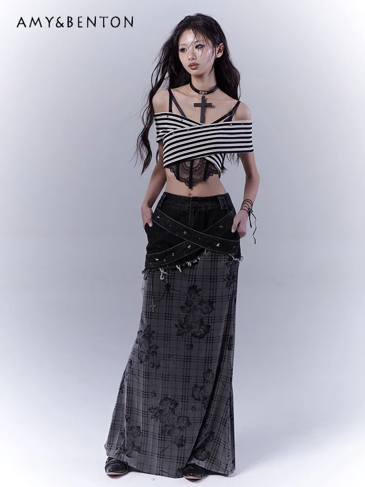 Originele geruite retro rozenprint denim stiksels veelzijdige rok vrouwen subcultuur goth hoge taille fishtail rok straat y2k rok