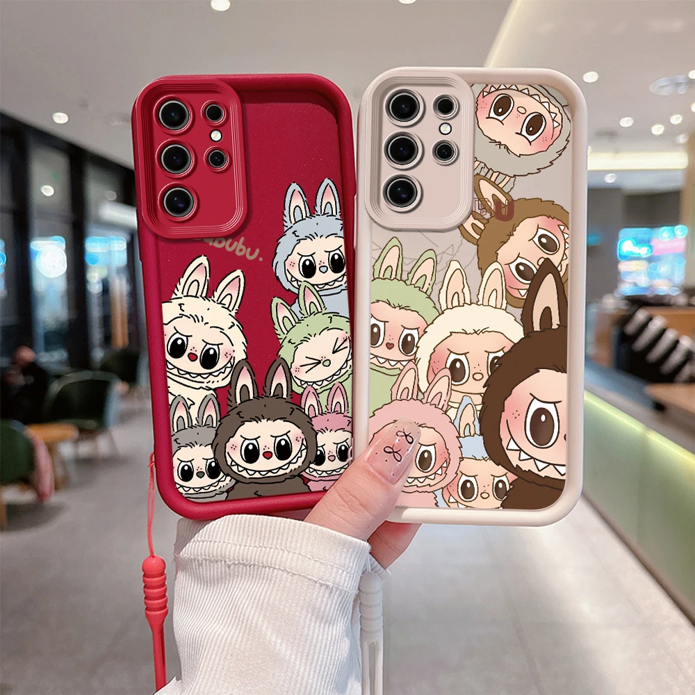 New Kawaii Cute Labubu Phone Case for Samsung S24 S23 S22 S21 20 Note 20 FE Plus Ultra 5G Soft Silicon TPU Cover With Hand Strap