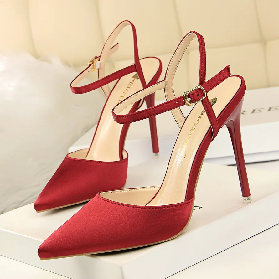 

BIGTREE Ladies Elegant Summer Pumps Pointed Toe Party Solid Silk 10.5CM Thin Heels Buckle Strap Casual Strap Woman Shoes