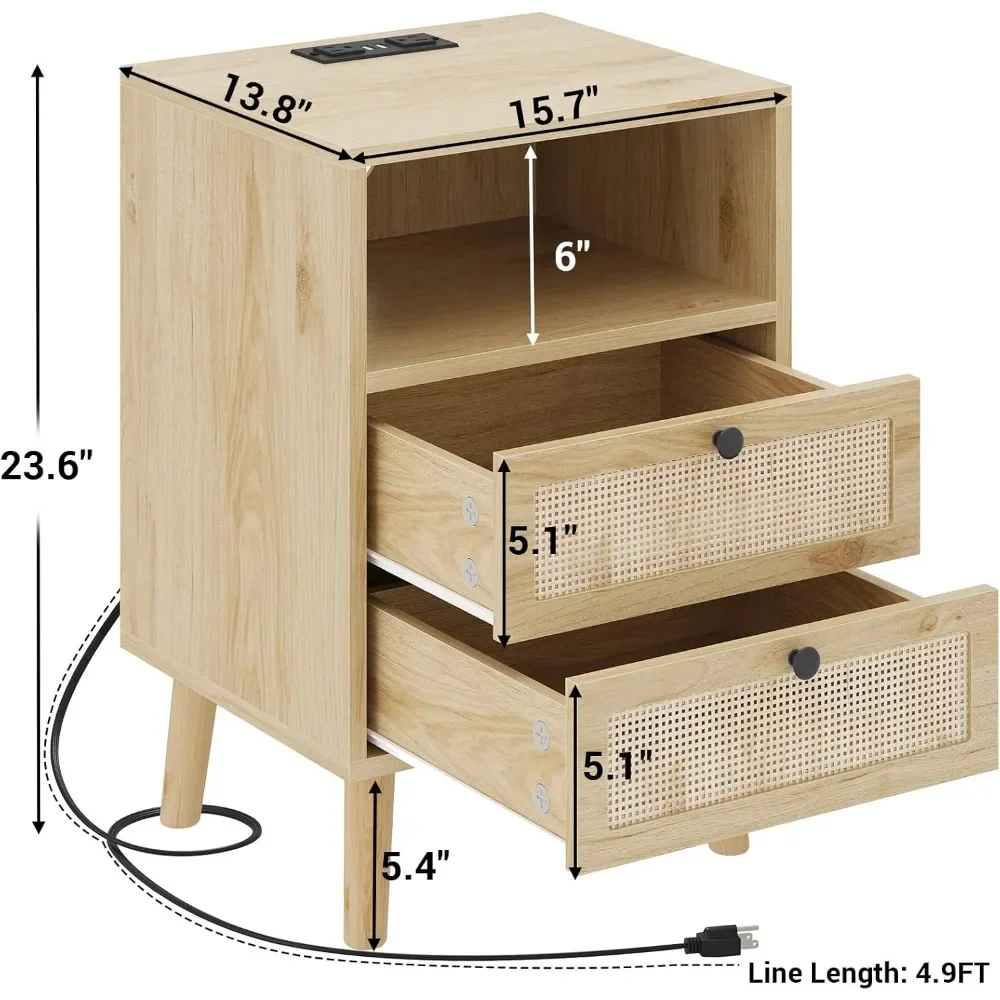 Rattan Nightstands Set of 2, with Charging Station and LED Lights, Bed Side Tables with 2 Drawers and Open Storage, End Tables