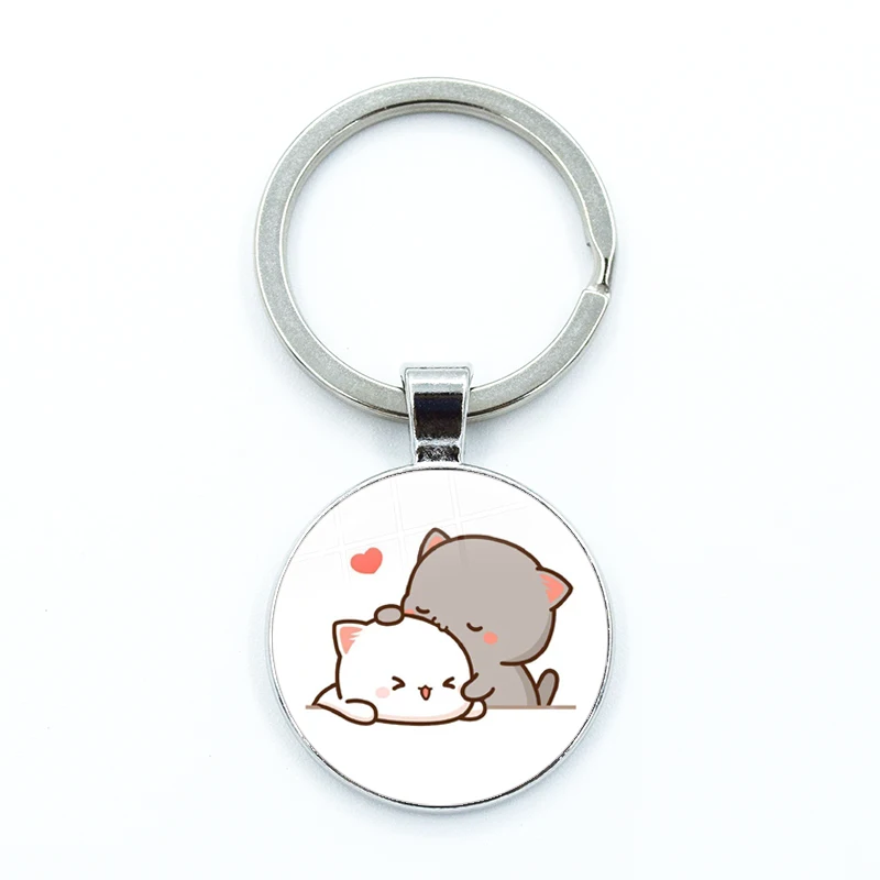 Net Red Cute Couple Mitao Cat  Glass Keychain Net Red Cute Couple Peach Cat Pendant Charm Keyring Jewelry Gifts