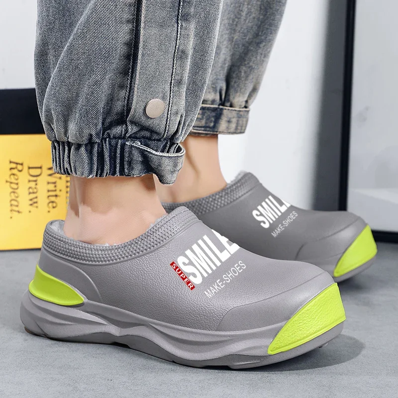 Chef Shoes Add Velvet Waterproof Men Indoor Warm Plush Footwear Men\'s Work Shoes Thick Bottom Non-Slip Men\'s Slippers Fashion