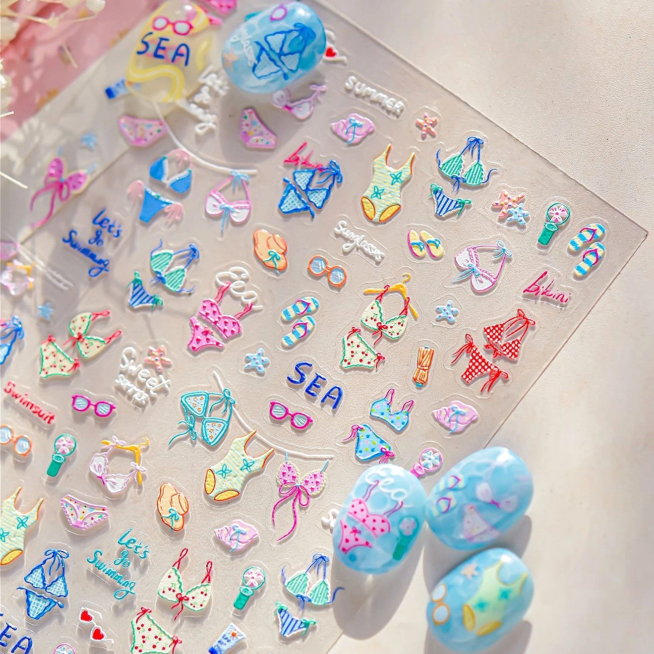 Saco de rede de frutas maçã banana laranjas peras abacaxi tomate garrafa de suco de verão biquíni gato concha peixinho dourado arte do prego adesivos decalques