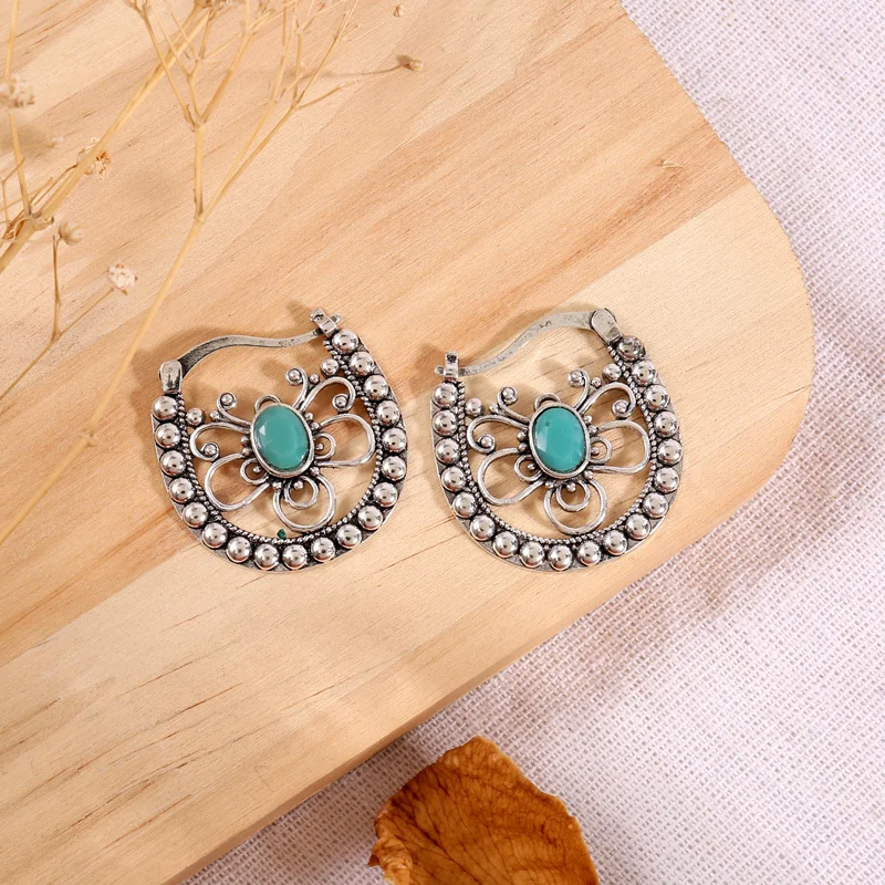 Vintage Leverback Earrings Hollow Butterfly Shape Inlaid Oval Cut Synthetic Gems Boho Style Hook Drop Earrings