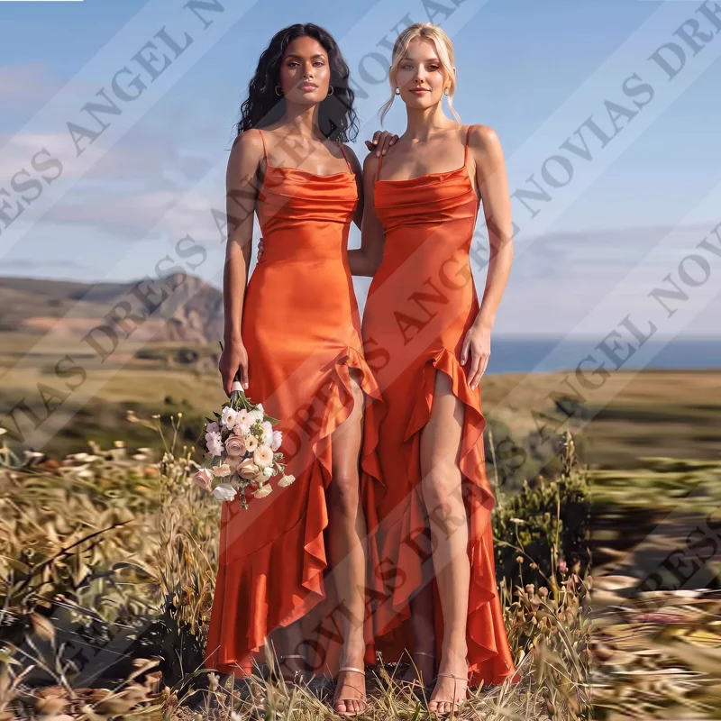 Customized Long Burnt Orange Bridesmaid Dresses with Split Wedding Guest Party Gowns vestidos invitada de boda