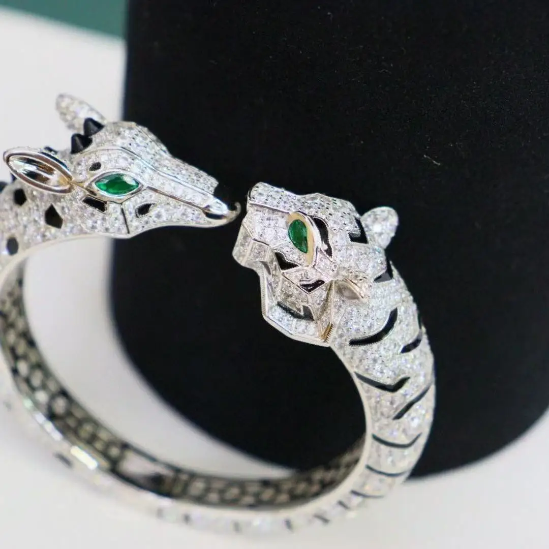 

deer-leopard twin -head open cuff bracelet 925 sterling silver with cubic zircon chic opulent luxe luxury jewelry MIYI