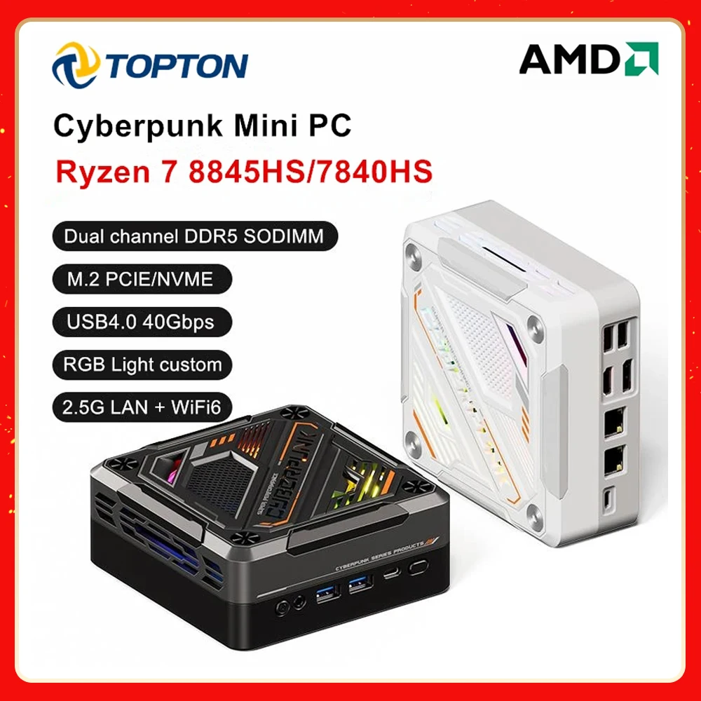 

Новый мини-ПК Cyberpunk для геймеров AMD Ryzen 7 8845HS 7840HS Windows 11 DDR5 5600 МГц 2,5G LAN USB4.0 настольный мини-компьютер 8K NUC WiFi6