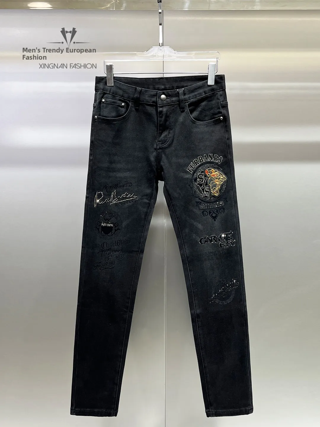 

Faionable Embroidered Slim Fit Jeans Men's Autumn Winter Elastici Trendy Long Pants mid Waist Button Cotton Polyester Blend