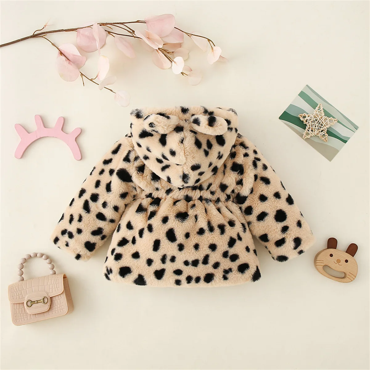 Baby Girl Personalized Winter Leopard Pattern Wool Sweater Girl Waist Hooded Zipper Fashion Coat Cartoon Cotton Coat