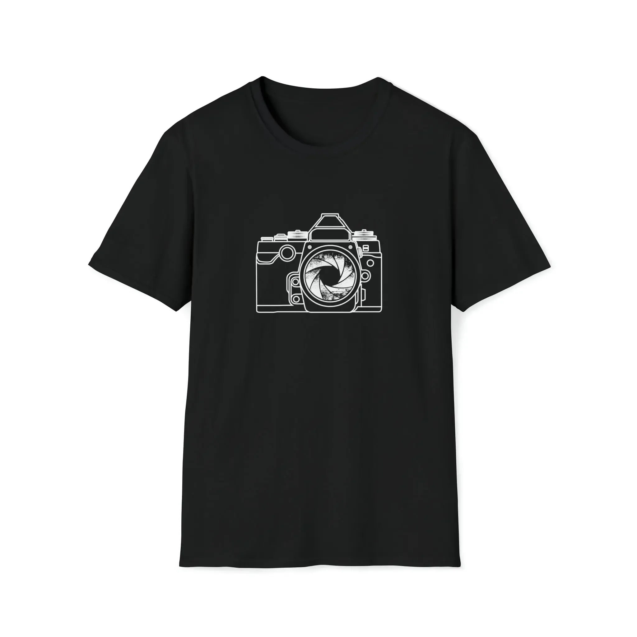 Minimal Camera Design With A Distressed Aperture On Cotton T Shirt