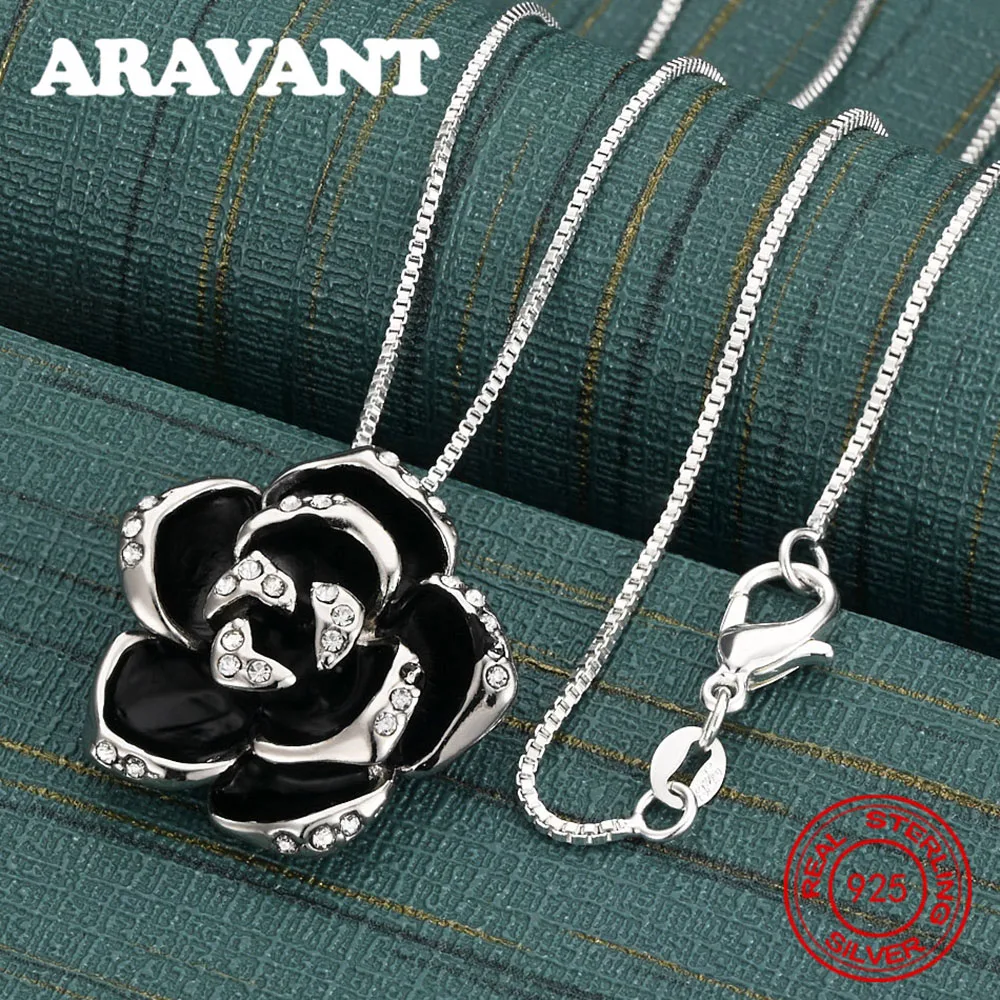 

925 Sterling Silver Zircon Black Rose Pendant Necklace For Women, Commuter Accessory, Christmas Gift Jewelry