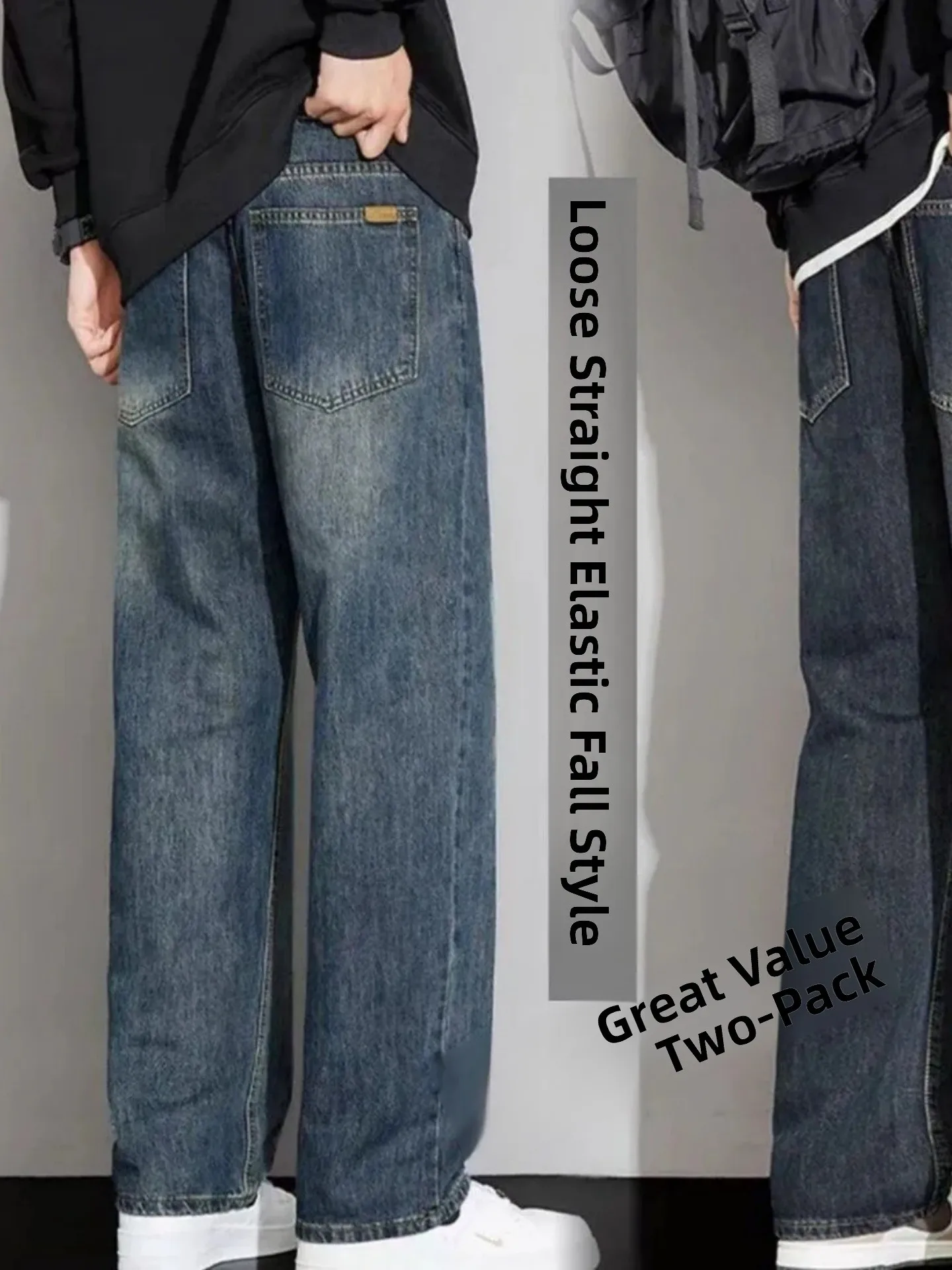 

Elastic Casual Men's Jeans Vintage Straight Loose Fit Versatile Comfortable Breathable Wear Resistant Stain Proof High Waist