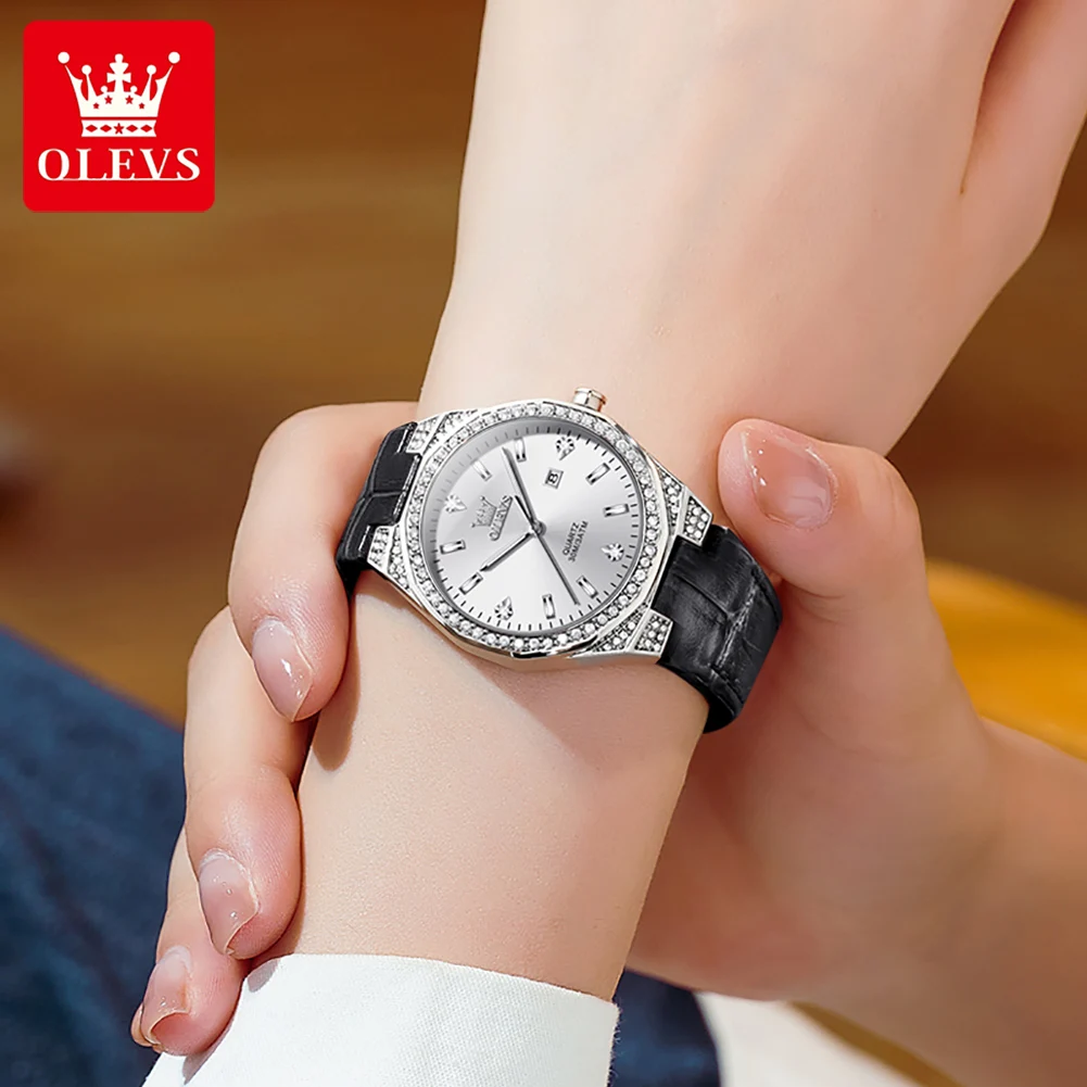 OLEVS Woman Watches Elegant High Quality Quartz Movement Wristwatches Luxury Watch Gift Set 3atm Waterproof Leahter Strap 5606