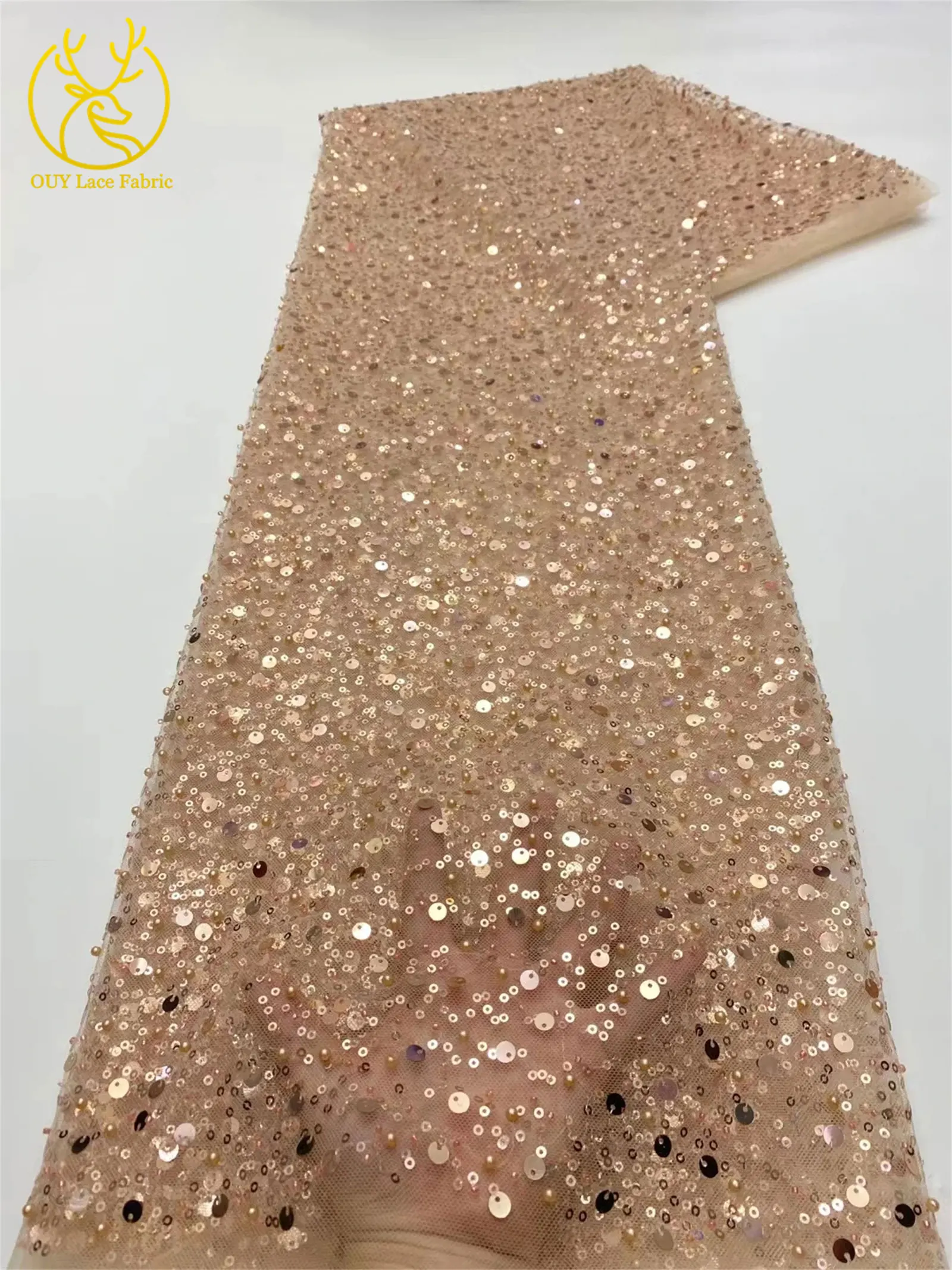 Rosa afrikanischer Tüll-Spitzenstoff mit Pailletten, 5 Yards, hochwertige nigerianische Perlen-Mesh-Spitze für Brautkleider, Hochzeitsfeiern und Näharbeiten. – Detail 17