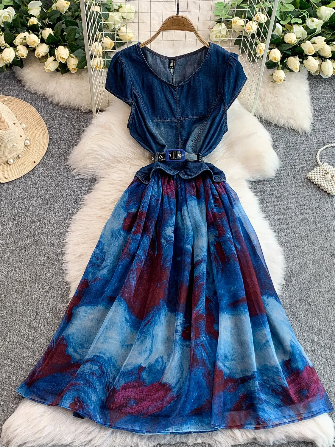 Vestido largo Retro e con cuello en V y empalme de tela vaquera para mujer, diseño de verano, adeazante, cintura alt...