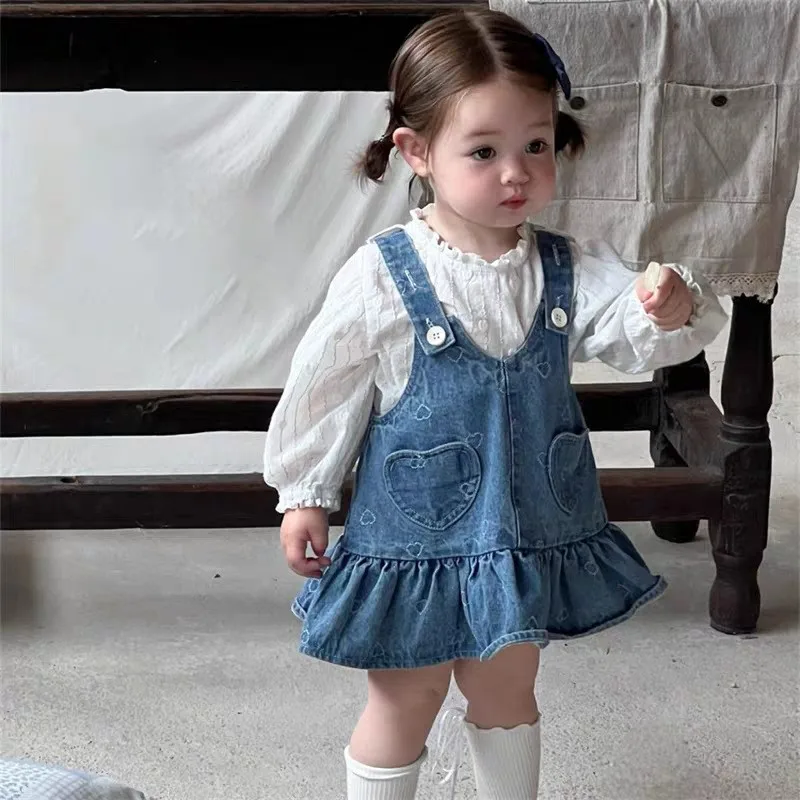 T2686/Q2686 Korean Style Autumnal Denim Pinafore Dress for Girls with White Shirt Fashionable One-Piece Skirt for Kids