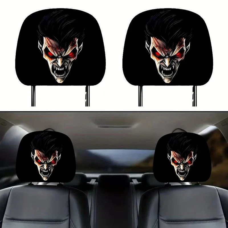 Halloween Decoration Black Skull Car Print Headrest Cover Universal Stretchy Spooky Fun Universal Head Cover