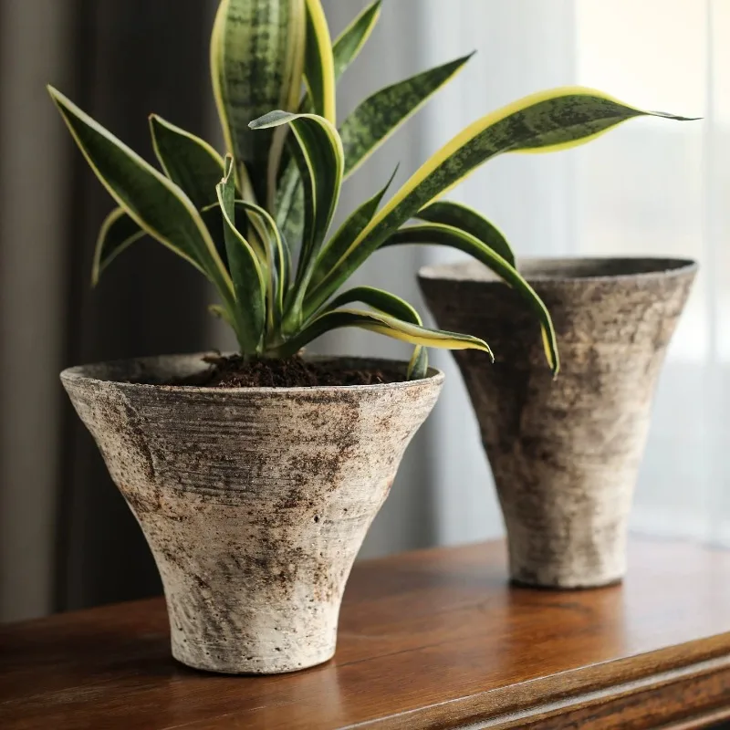 1pc Flower Pot Handmade Coarse Pottery Wabi Sabi Style Retro Cone Ceramic Decor For Tea Room Chinese Zen Ornament