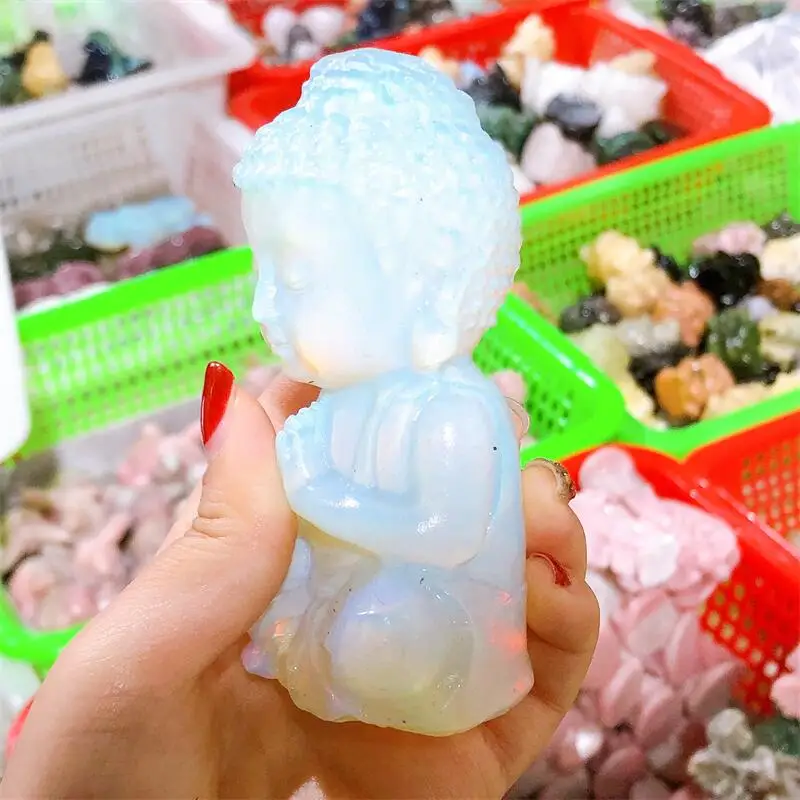 Natural White Opalite Buddha Carving Quartz Healing Crystal Stone Cute Birthday Present Home Decoration 1PCS